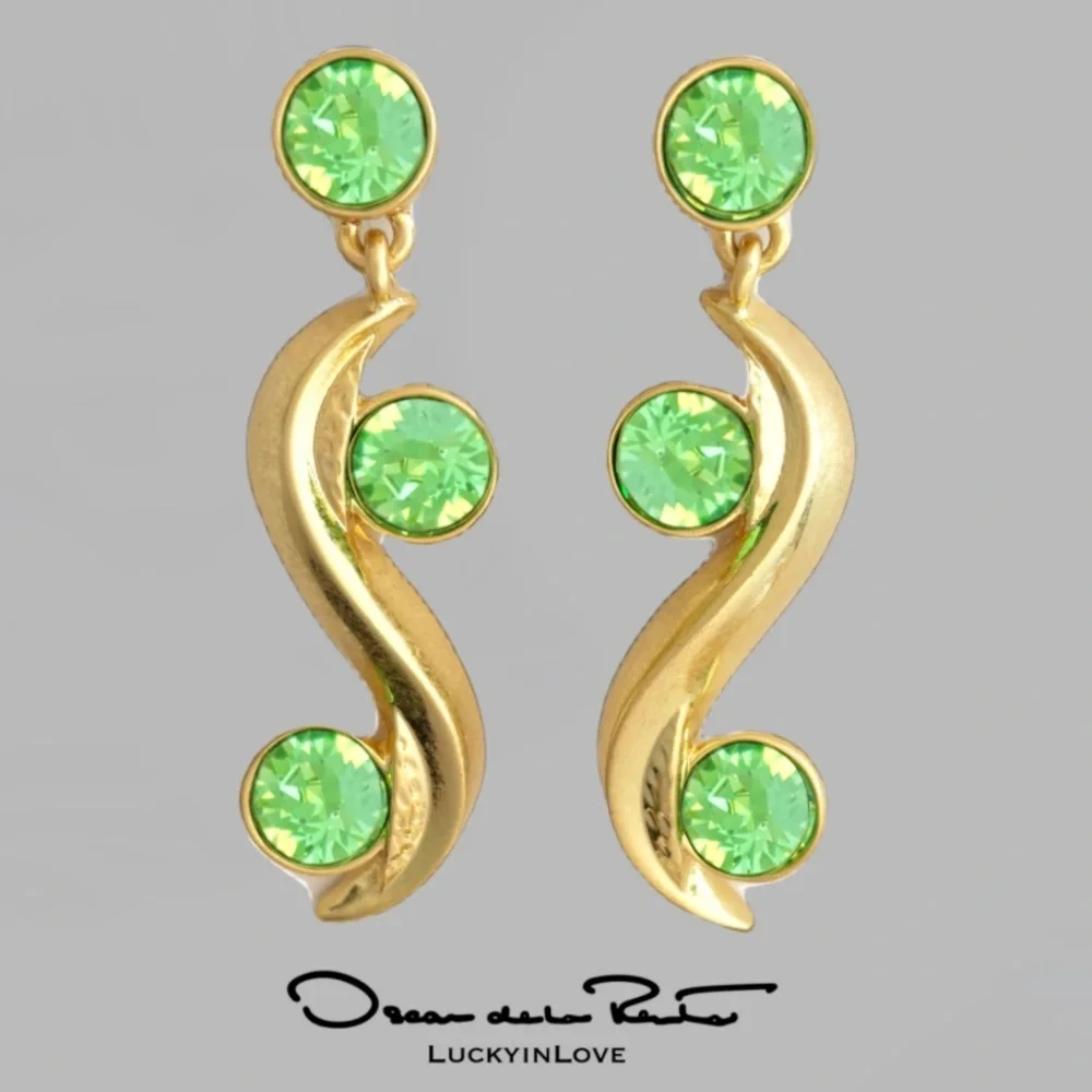Oscar de la Renta Crystal Wave Drop Earrings Gold with Green Crystals